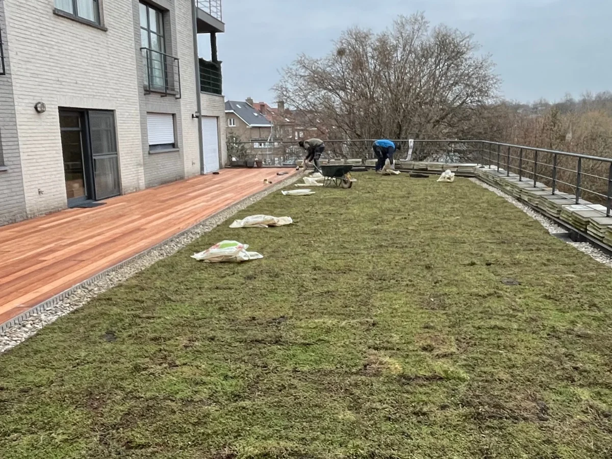 Aanleg van een groendak met hardhouten terras op een appartementsgebouw